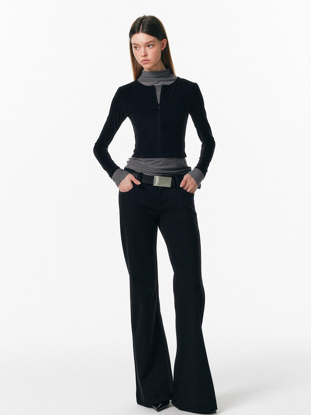 ALINNVSTUDIO Soft Zipper Slim Fit Short Collar Office Ladies Contrast Long Sleeve T-Shirts