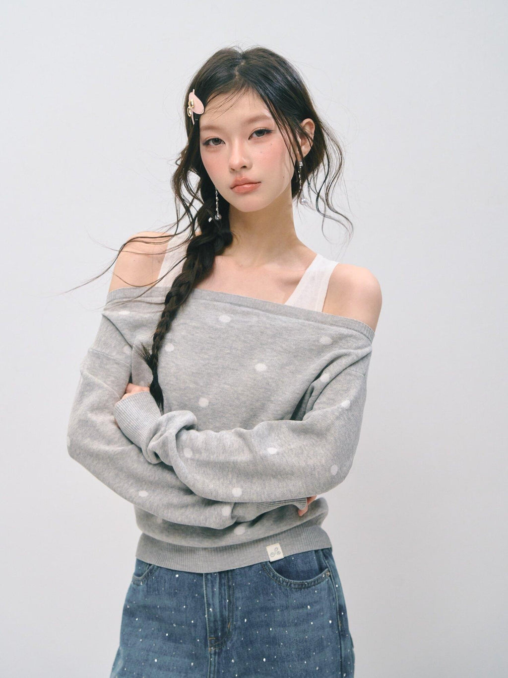 SOMESOWE Faux Layered Colorblock Polka Dot Boat Neck Knit Pullover Sweaters