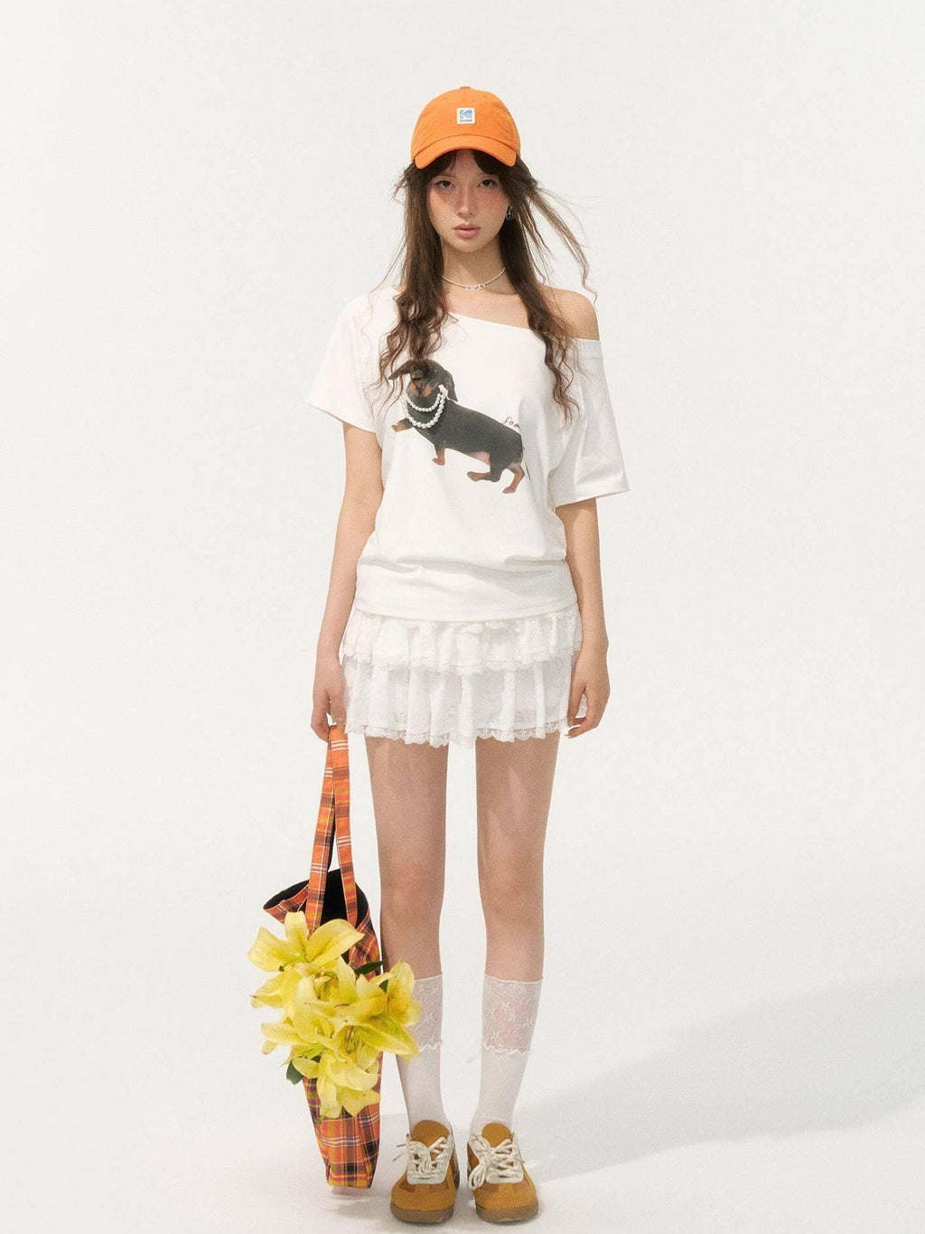 SOMESOWE Stretch Cotton Oversized Asymmetric Neck Animal Embroidered Short Sleeve T-Shirts