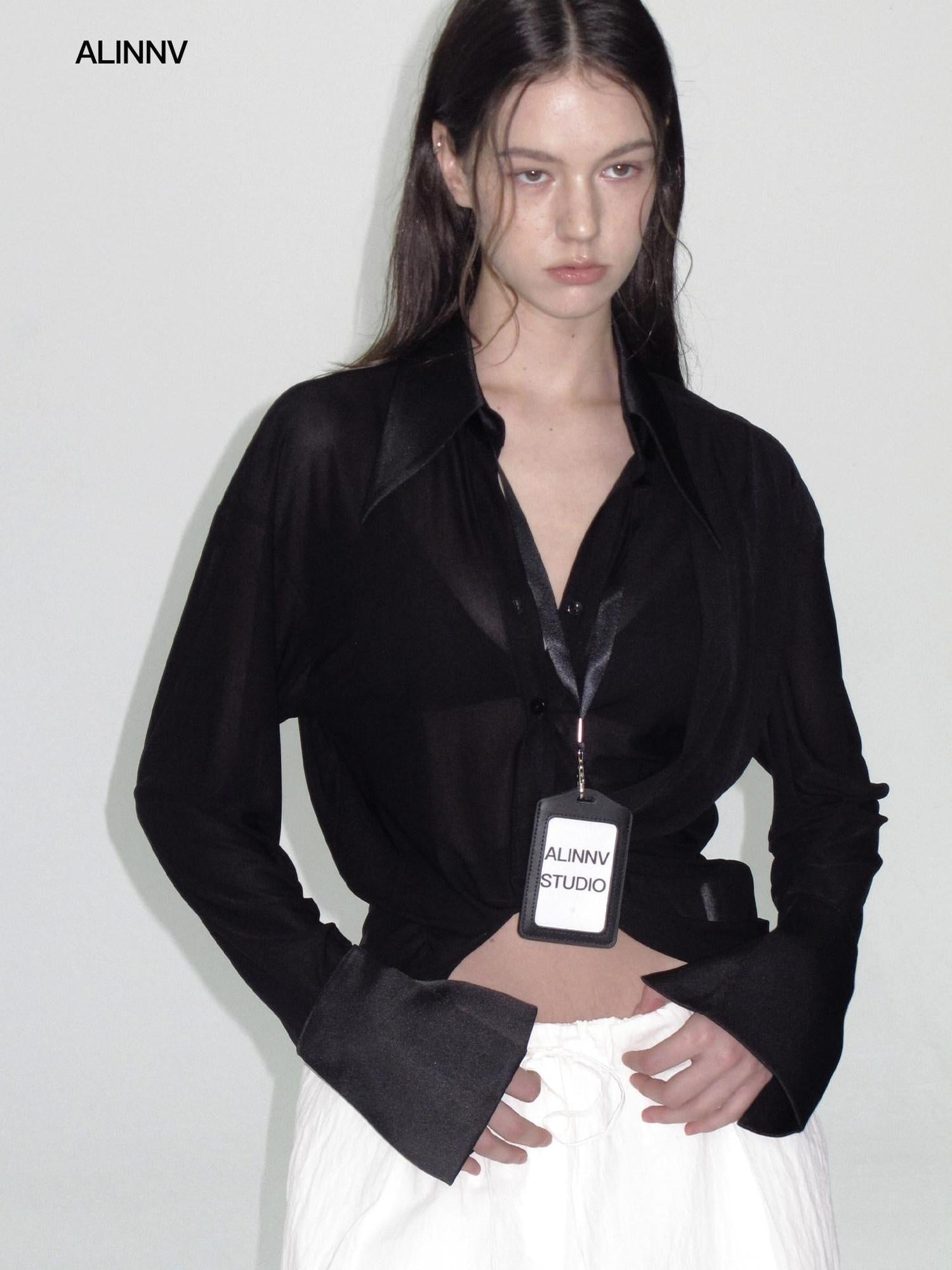 ALINNVSTUDIO Cooling Lightweight Breathable Asymmetric V-neck Slim Fit Open Front Women Blouses