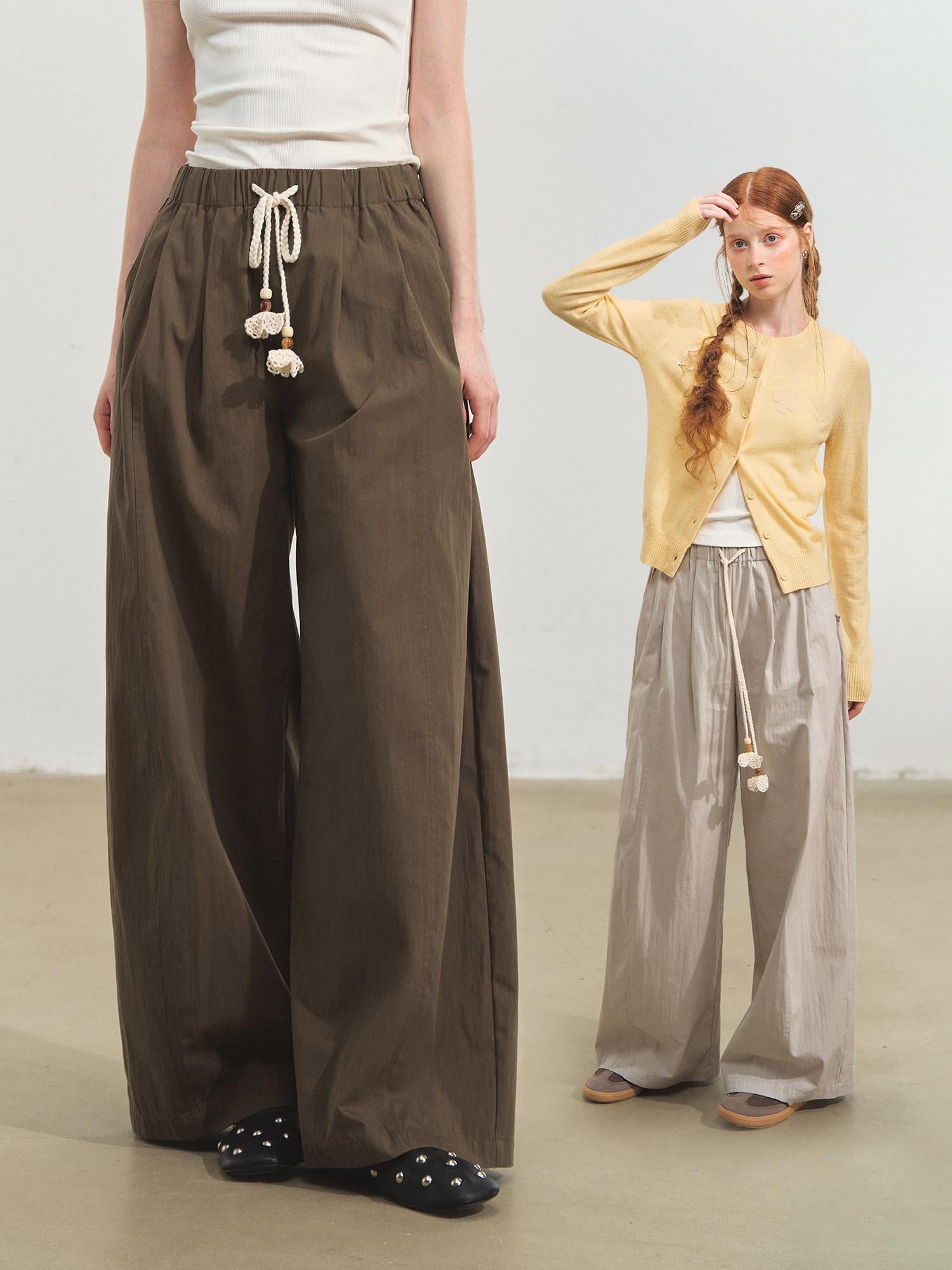 SOMESOWE Original Plaid Pocket Button Natural Waist Cotton Blend Women Wide Leg Pants