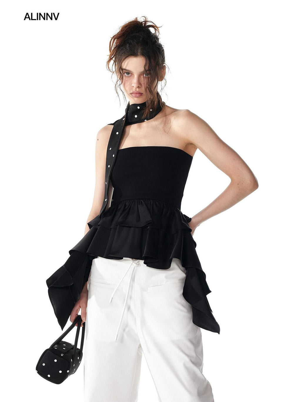 ALINNVSTUDIO Strappy Tie Detail Original Design Slim Fit Short Crop Black White Tube Tops