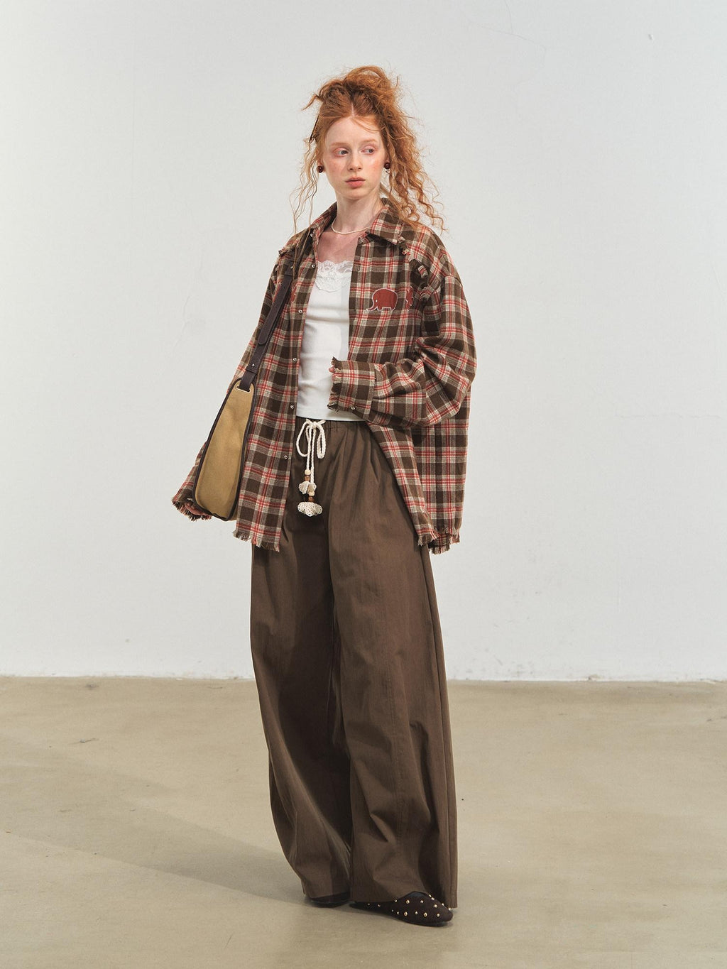 SOMESOWE Original Plaid Pocket Button Natural Waist Cotton Blend Women Wide Leg Pants