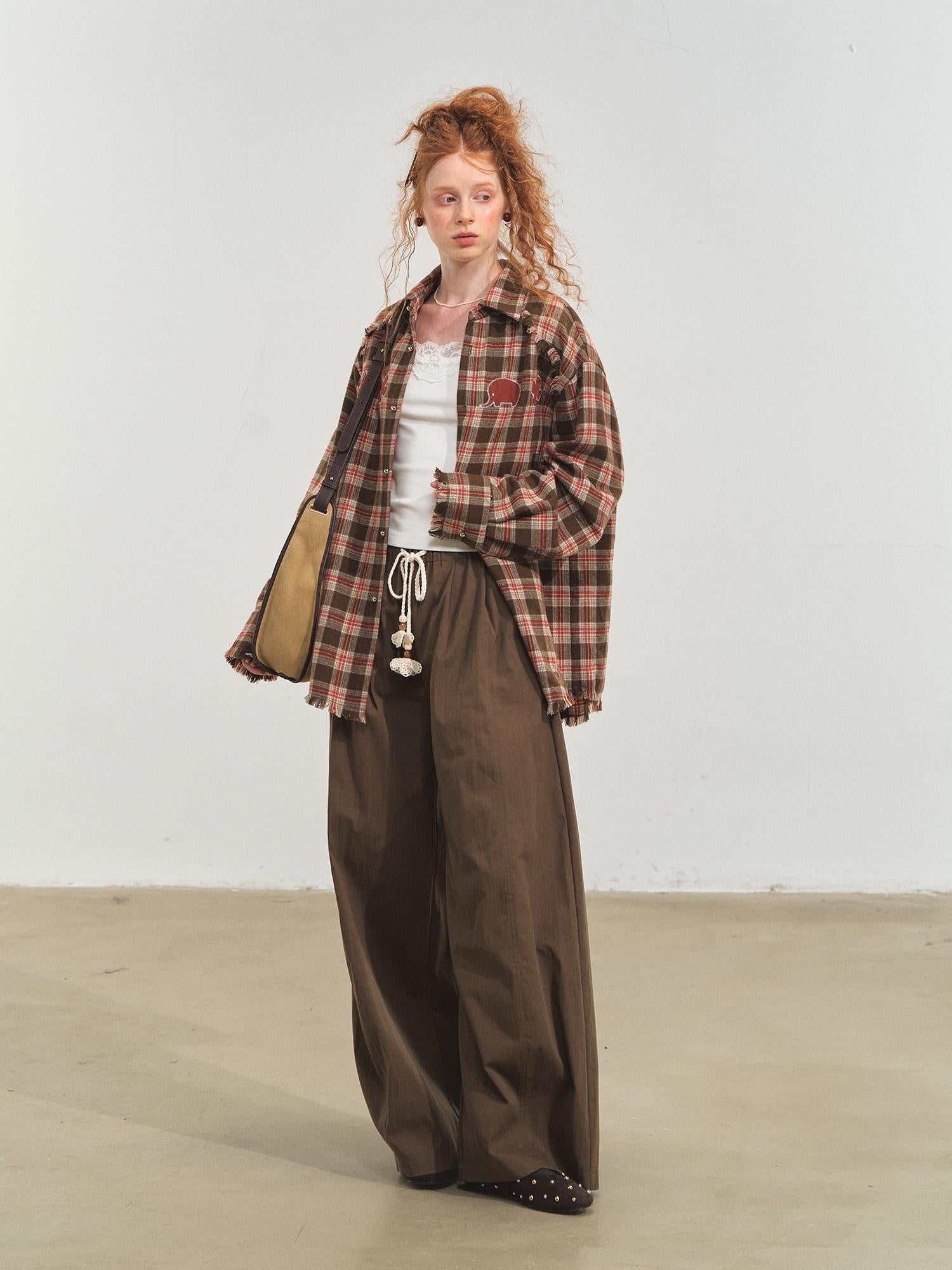 SOMESOWE Original Plaid Pocket Button Natural Waist Cotton Blend Women Wide Leg Pants