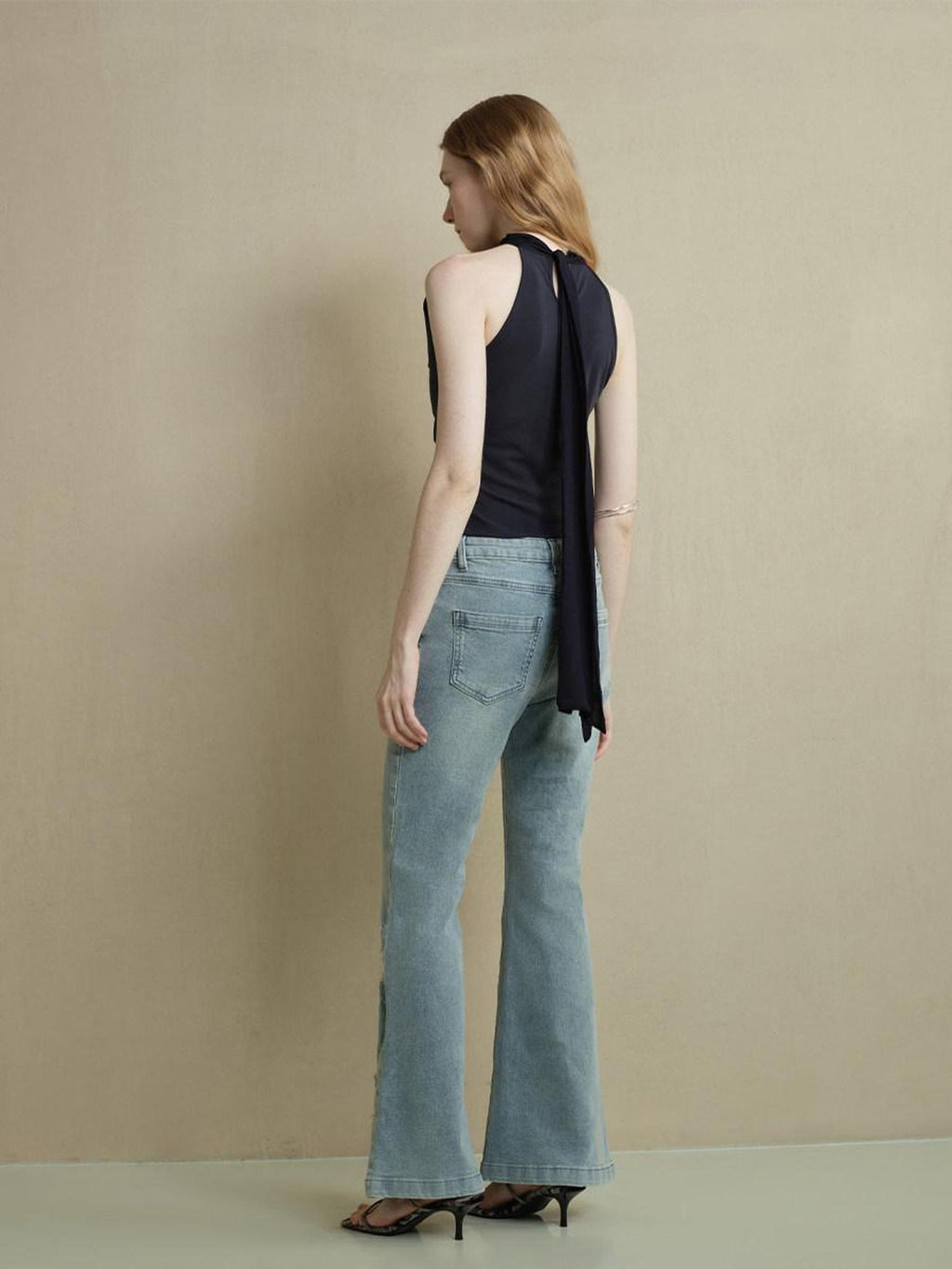 someonesometimes Slim Cutout Ruched Tie Front Korean Casual Navy Poly Tank Tops