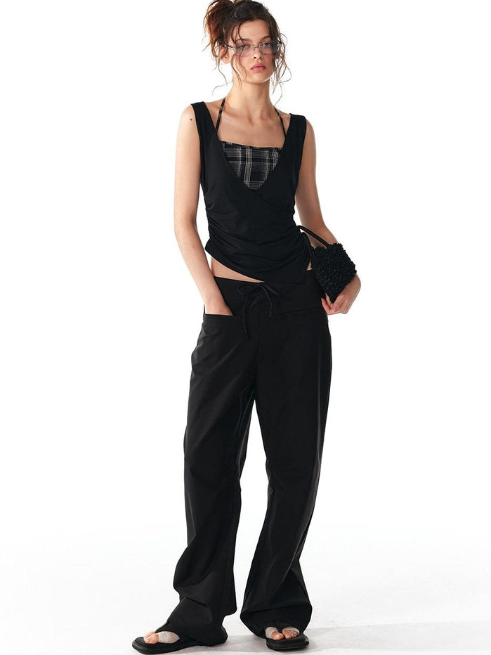 ALINNVSTUDIO Original Patchwork Design Slim Fit Modal Stretch Strappy Youth Black Tank Tops