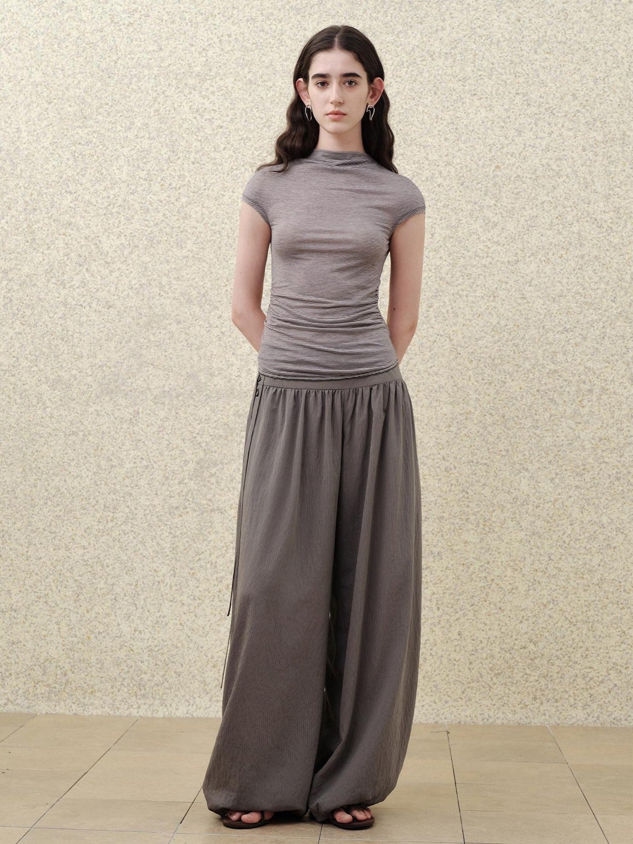 someonesometimes Soft Modal Loose Lantern Natural Waist Button Smoky Grey Wide Leg Pants