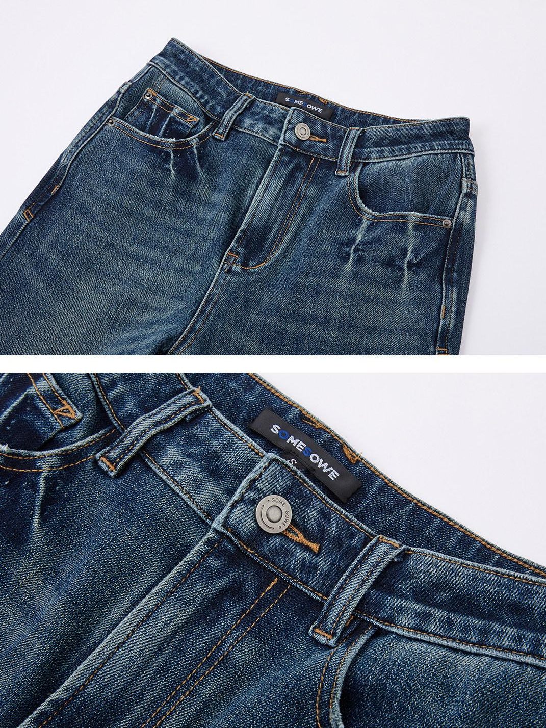 SOMESOWE Pleated High Waist Casual Pockets Slight Flare Stretch Blue Wide Leg Jeans
