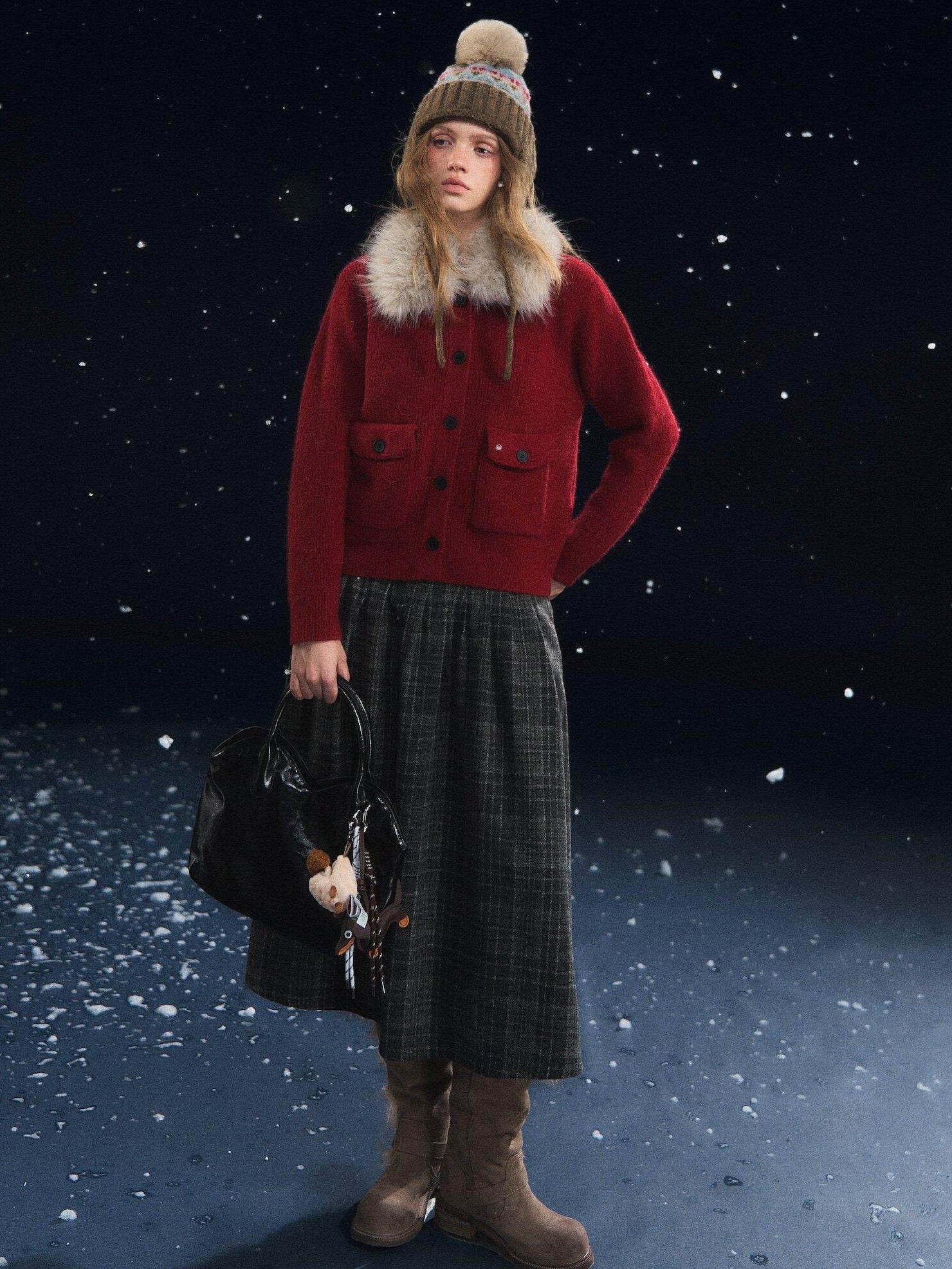 SOMESOWE Cozy Knit Fruit Lapel Button Casual Women Red Oatmeal Cardigans