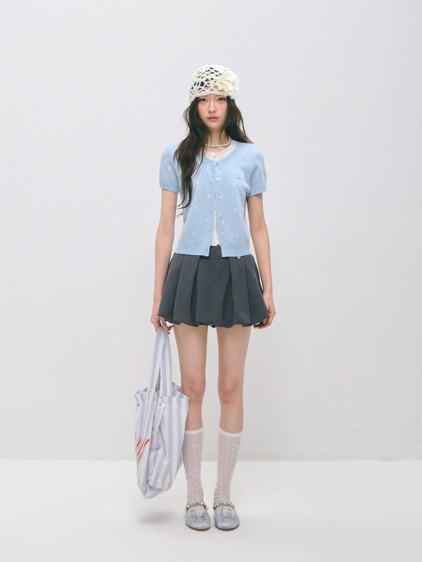 Polka Dot Knitted Casual Short Sleeve Two Piece Women T Shirt Basic Crop Tops