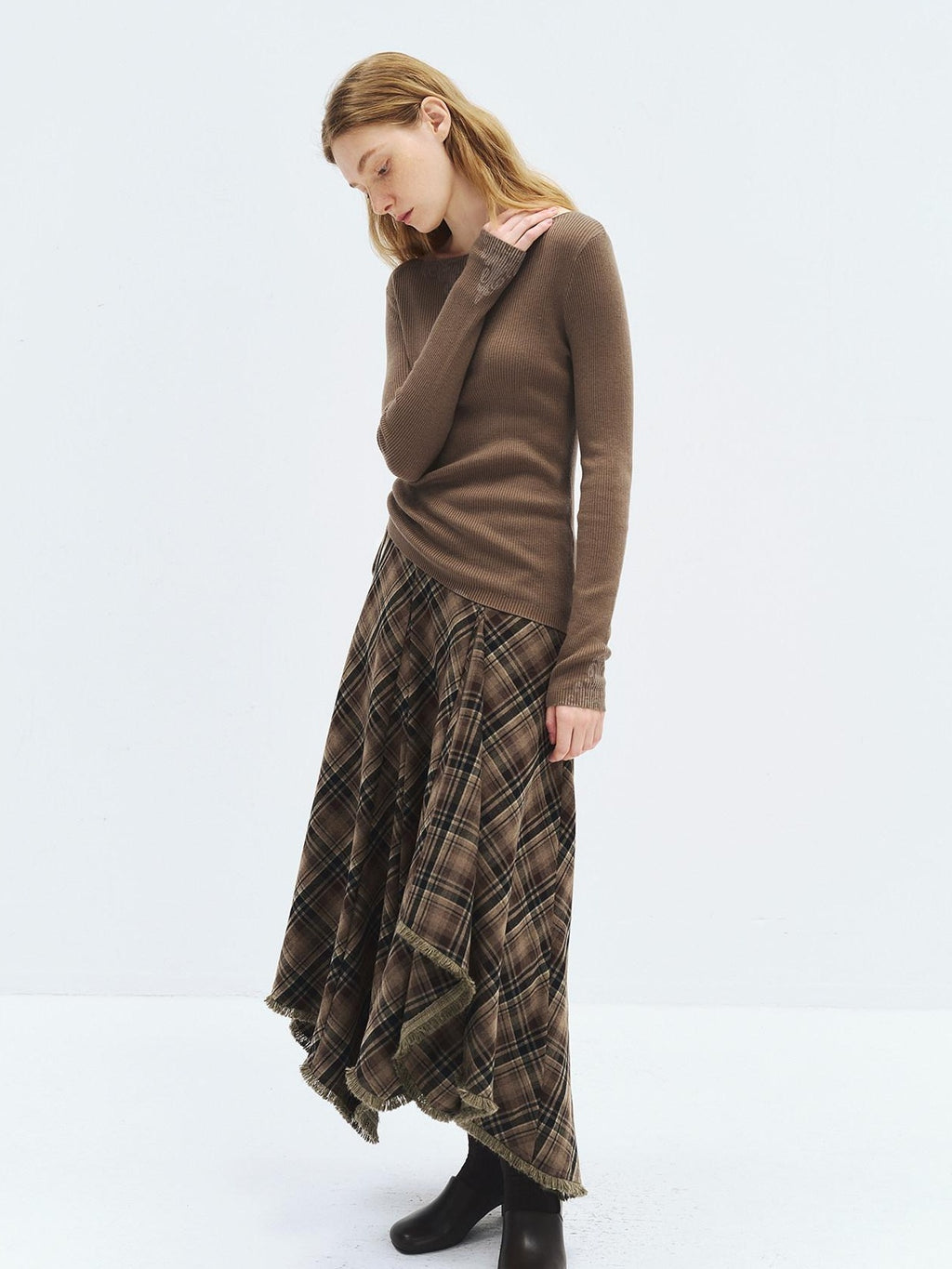 someonesometimes High Waist Vintage Irregular Hem Loose Fit Olive Check Casual Women Maxi Skirts