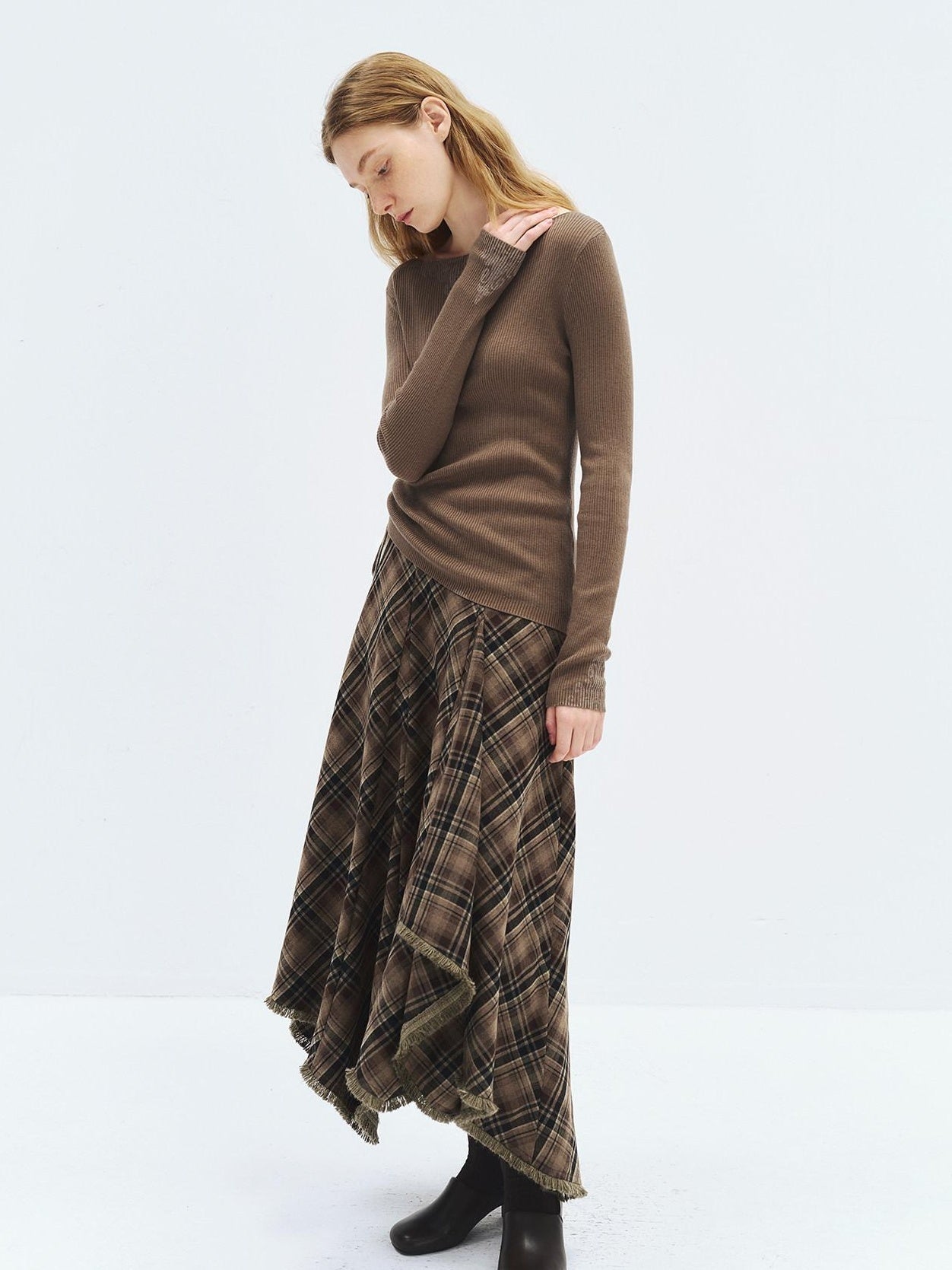 someonesometimes High Waist Vintage Irregular Hem Loose Fit Olive Check Casual Women Maxi Skirts