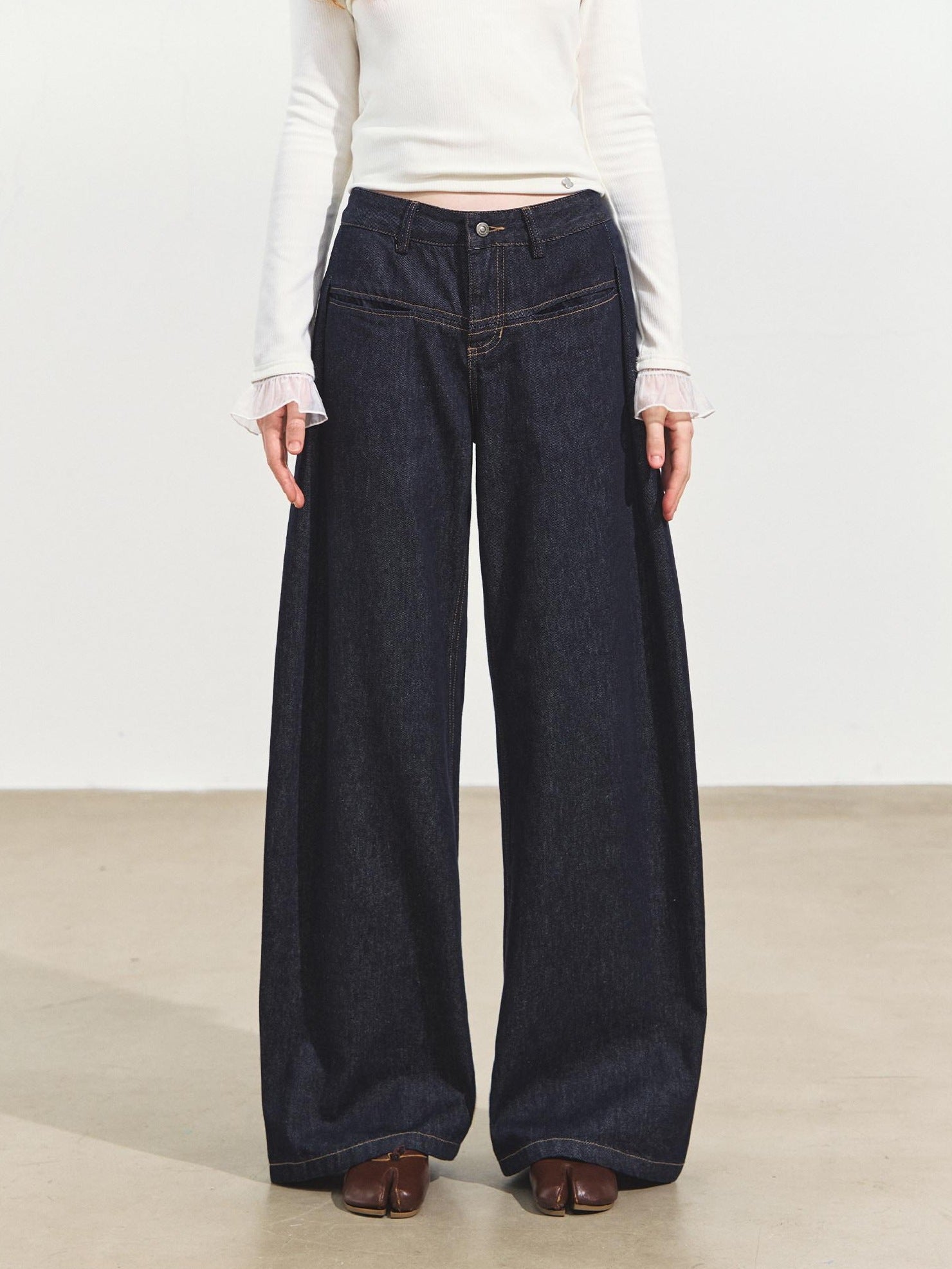 SOMESOWE Pleated Casual Natural Waist Loose Cotton Pocket Zip Blue Women Wide Leg Jeans