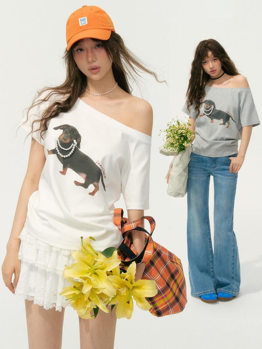 SOMESOWE Stretch Cotton Oversized Asymmetric Neck Animal Embroidered Short Sleeve T-Shirts