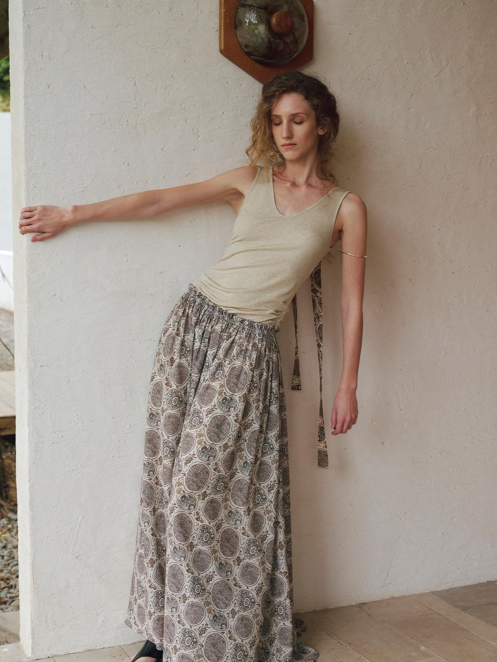 someonesometimes Lyocell Bamboo Linen Blend Pleated Panel Flared Mid Waist Women Maxi Dresses