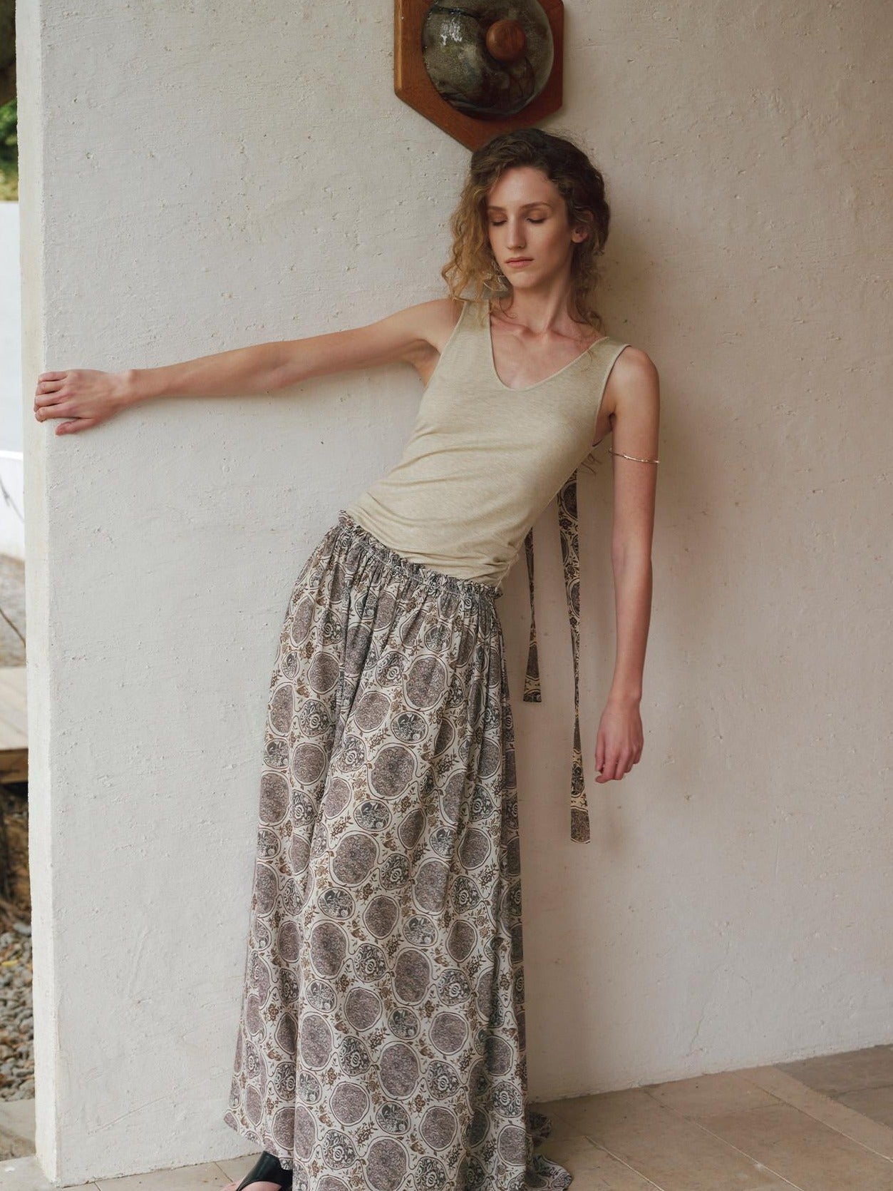 someonesometimes Lyocell Bamboo Linen Blend Pleated Panel Flared Mid Waist Women Maxi Dresses