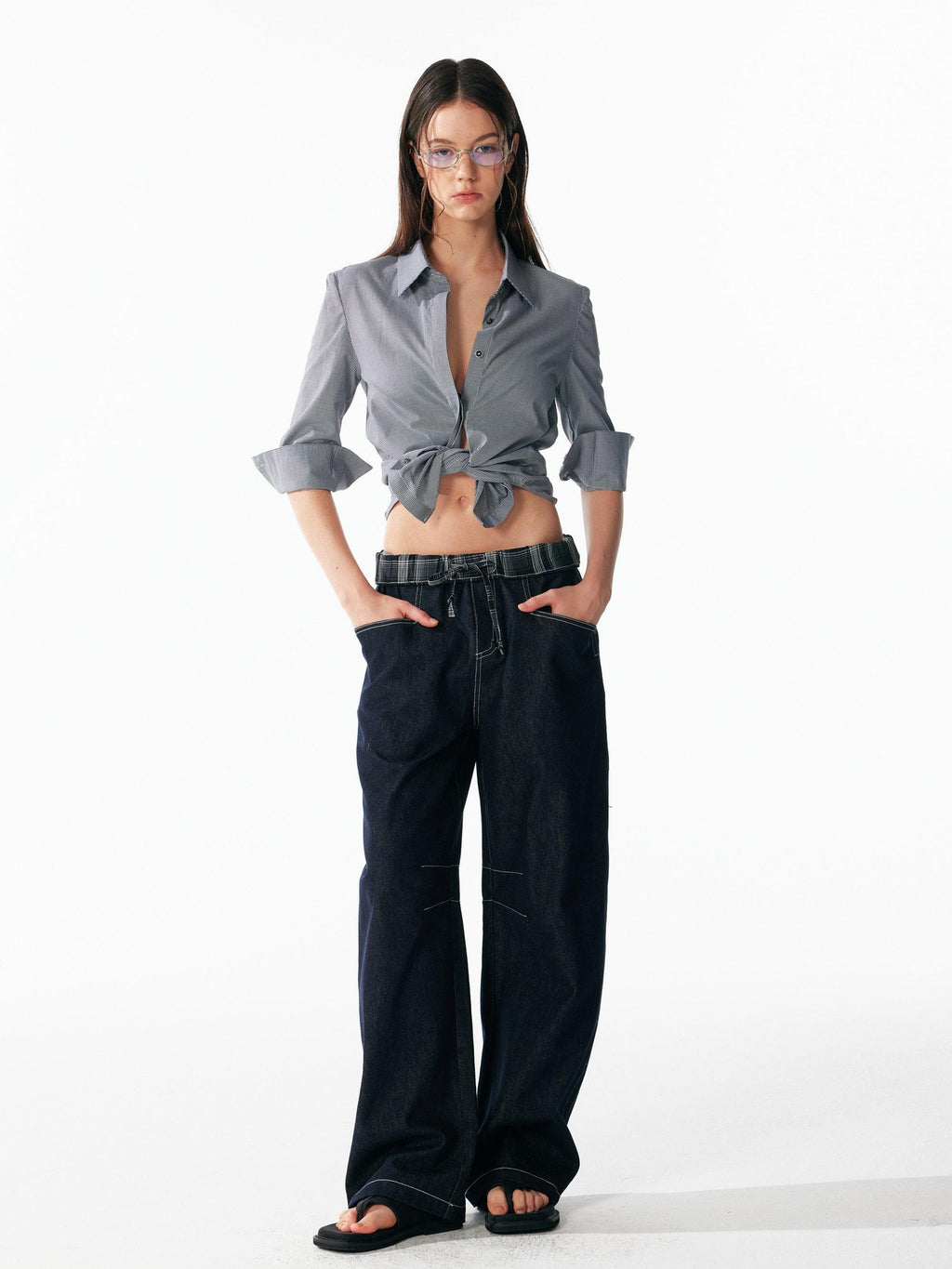 ALINNVSTUDIO Wrinkle Resistant Slim Lapel 3 4 Sleeve Casual Women White Black Plaid Shirts