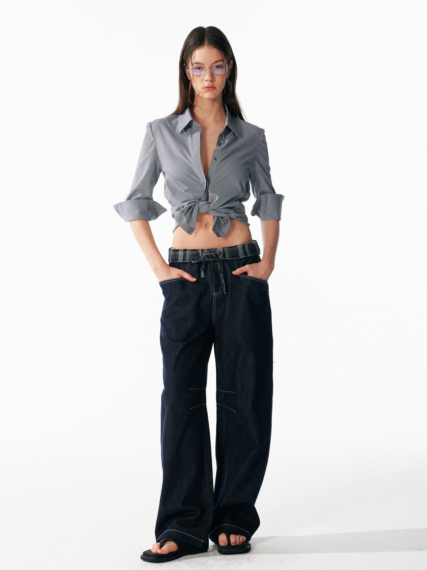 ALINNVSTUDIO Wrinkle Resistant Slim Lapel 3 4 Sleeve Casual Women White Black Plaid Shirts