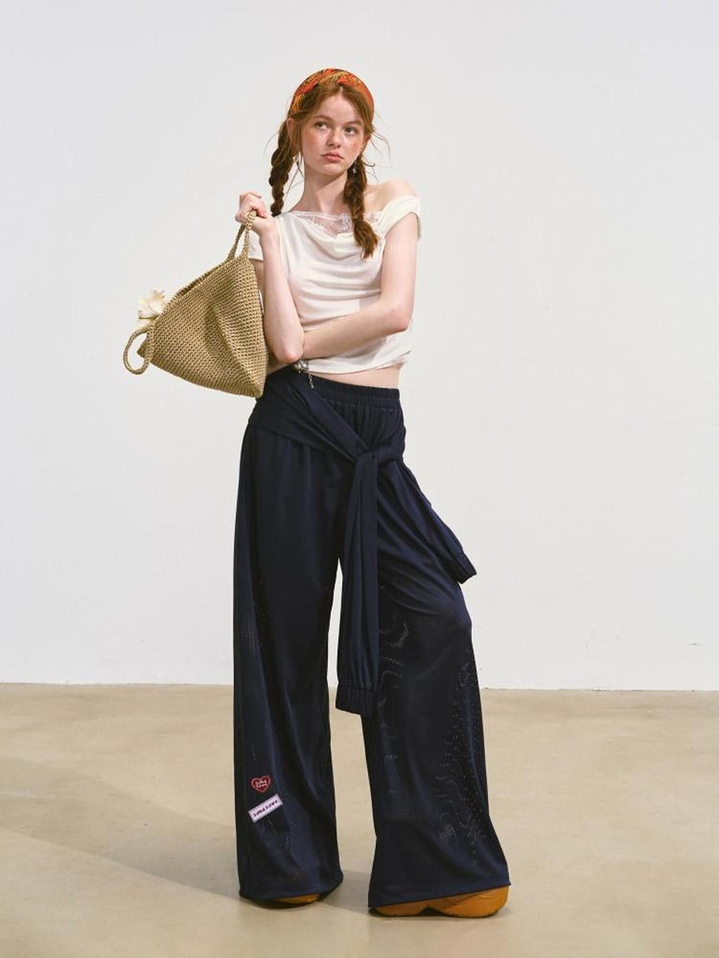 SOMESOWE Asymmetrical Pocket Versatile Straight Elastic Natural Waist Wide Leg Pants