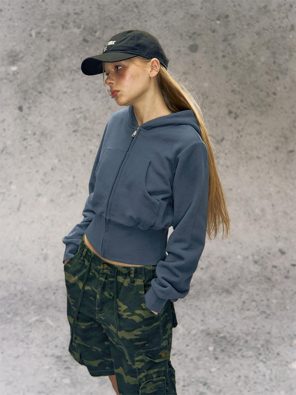 DeleteEx Soft Cotton Blend Zip Up Slim Cropped Street Style Women Solid Grey Blue Hoodie