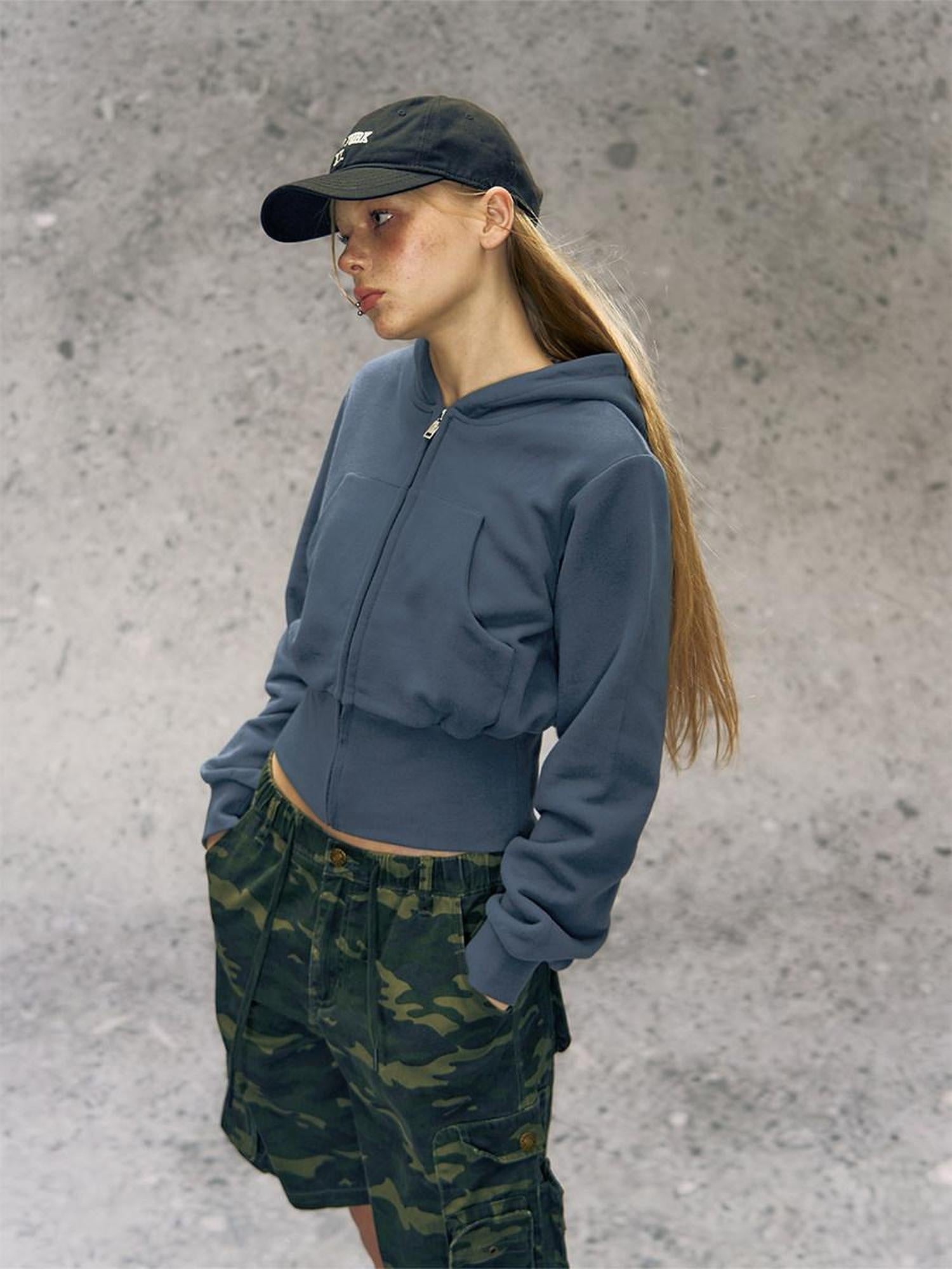 DeleteEx Soft Cotton Blend Zip Up Slim Cropped Street Style Women Solid Grey Blue Hoodie