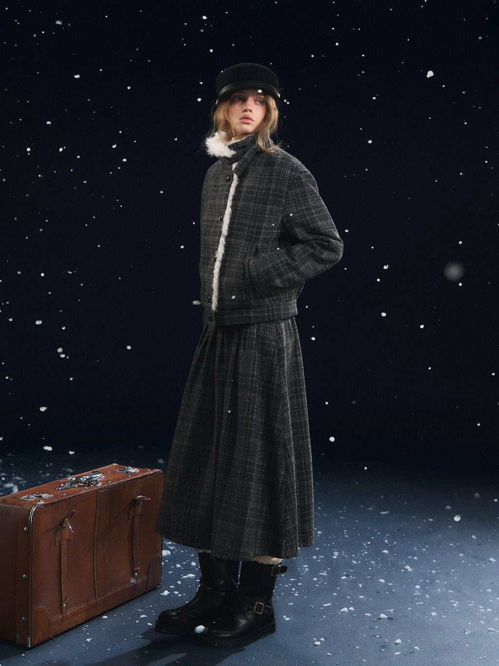 SOMESOWE Plaid Patchwork Oversized Jacket Loose Button Front Women Top & Skirt Sets