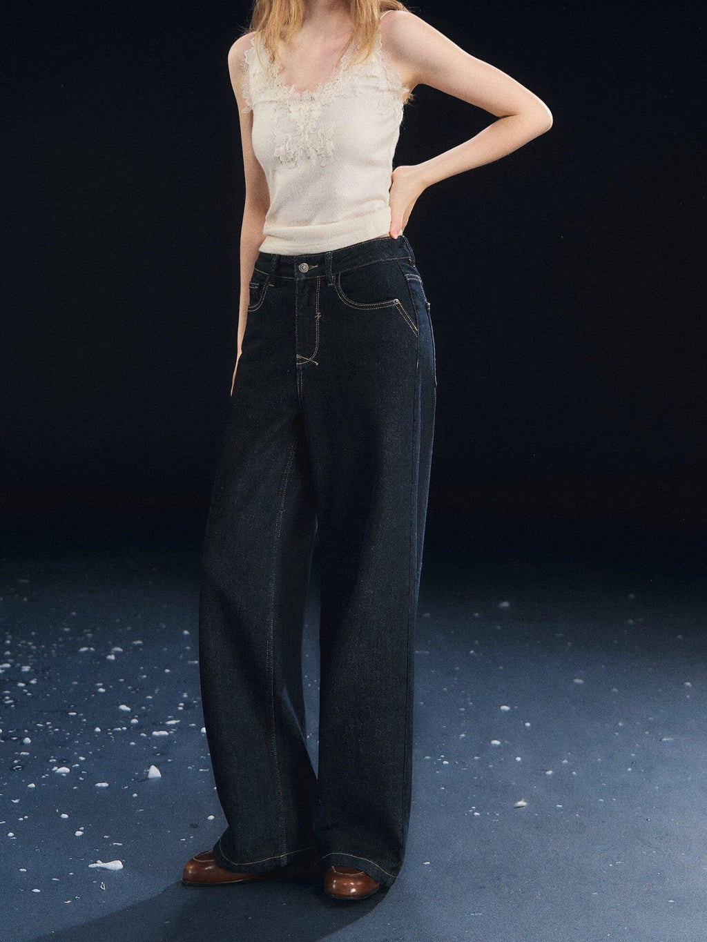 SOMESOWE High Rise Stretch Pleated Pocket Women Dark Cotton Denim Straight Leg Jeans