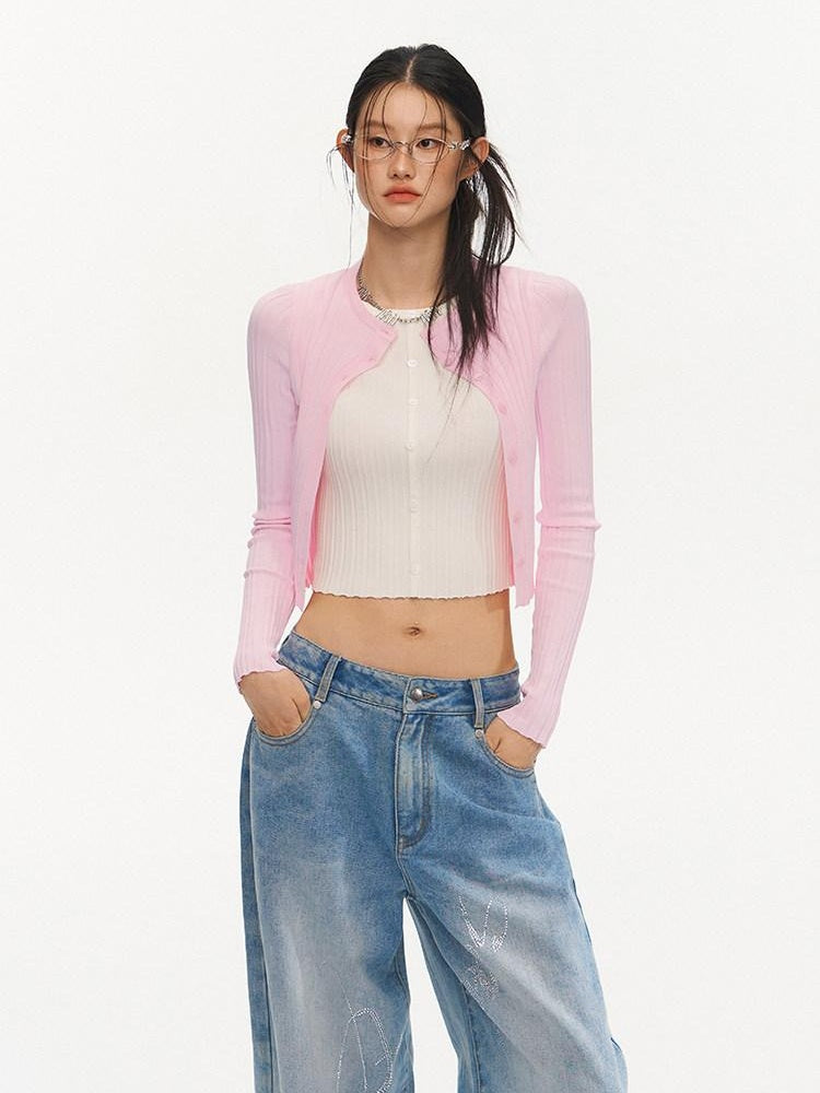 NAWSNOTAWEAR Slim Fit Colorblock Button Cardigan Faux Two Piece Women Long Sleeve Crop Tops