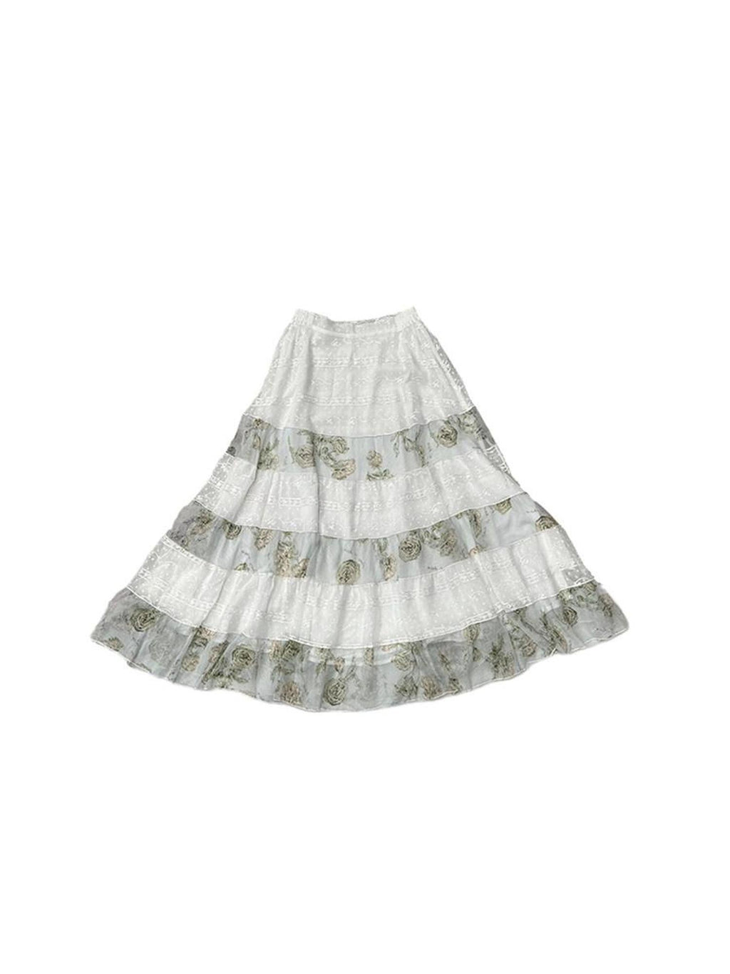 DeleteEx Soft Korean Tiered Mid Rise Loose Fit White Green Floral Patchwork Maxi Skirts