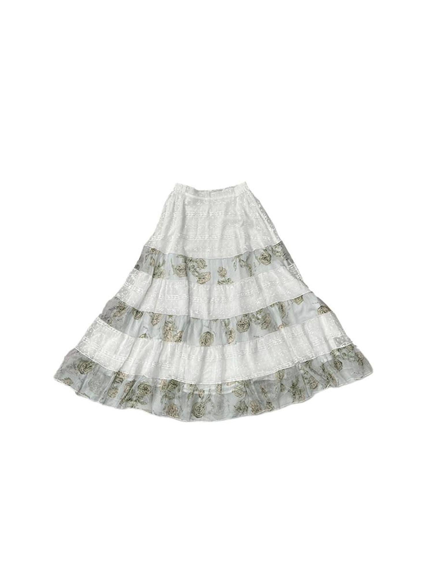 DeleteEx Soft Korean Tiered Mid Rise Loose Fit White Green Floral Patchwork Maxi Skirts