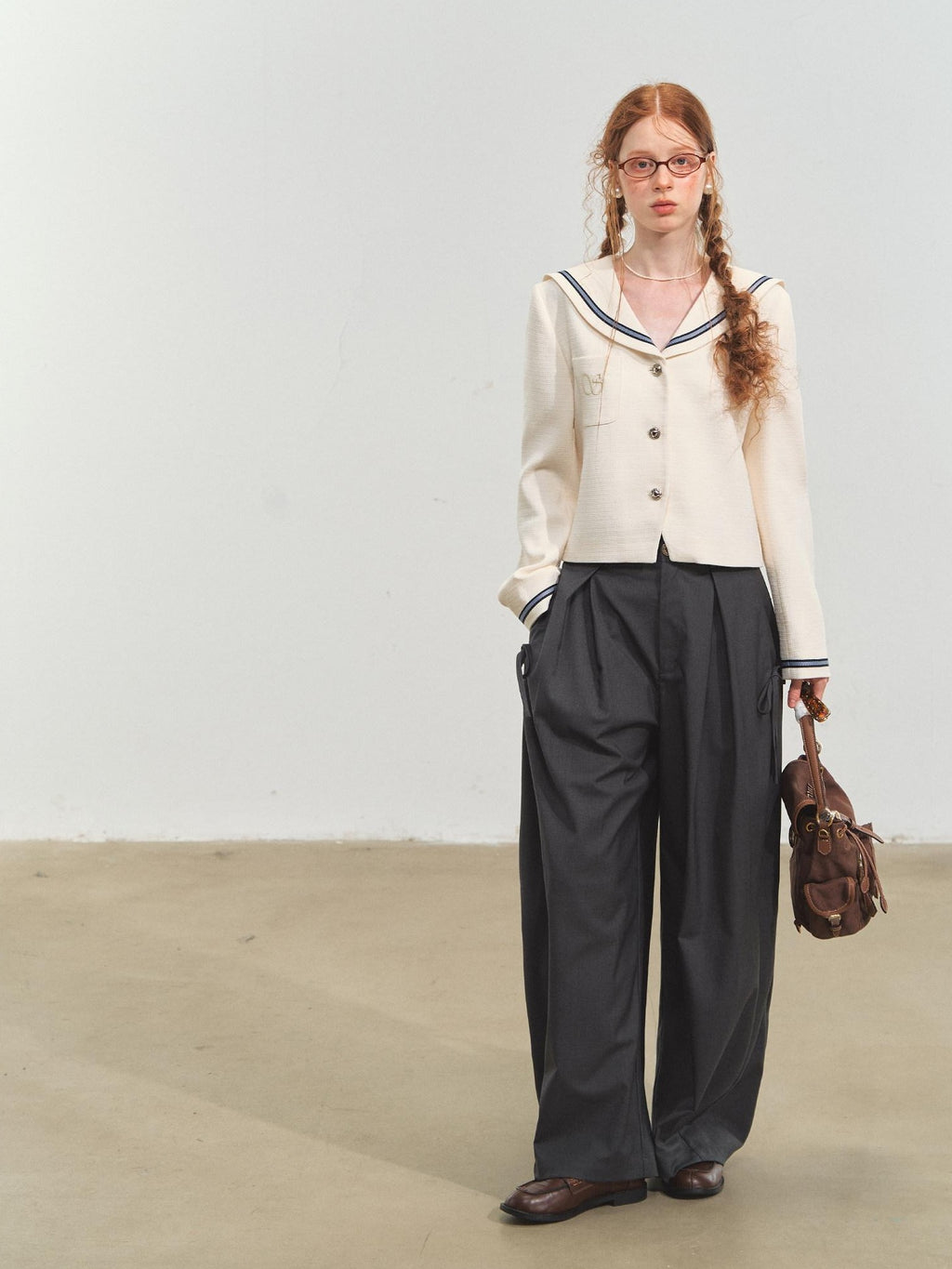 SOMESOWE Shape Retention Navy Inspired Tweed Relaxed Stand Collar Women White Short Coat