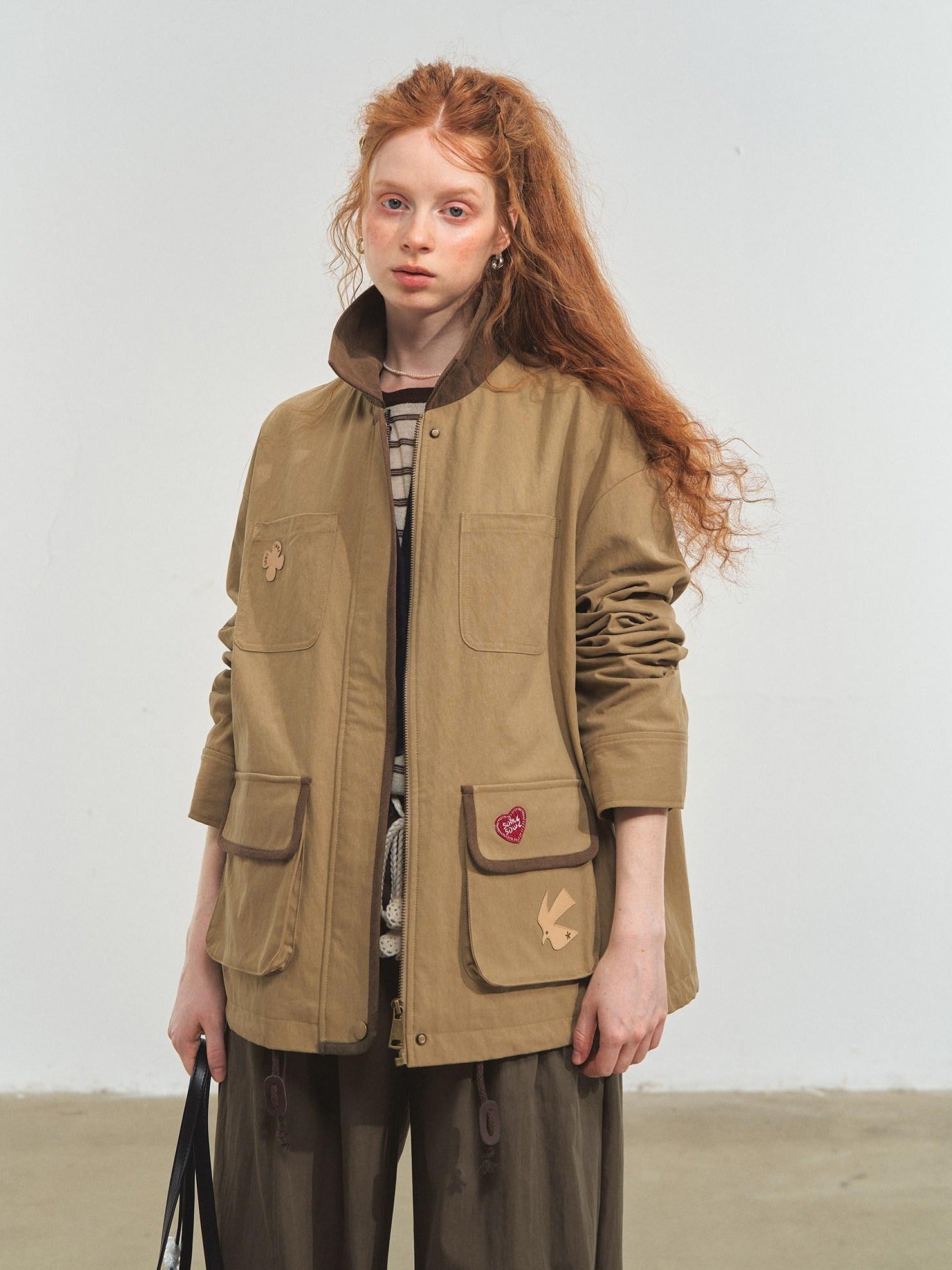 SOMESOWE Everyday Casual Loose Fit Flap Pocket Zip Front Women Khaki Navy Bomber Jackets
