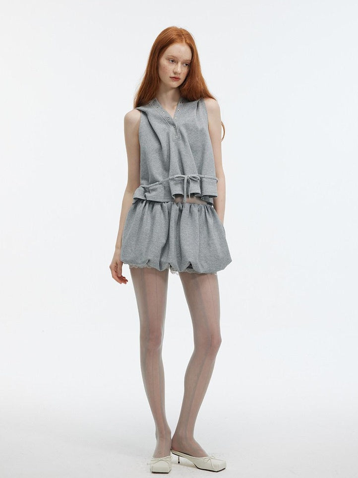 ALINNVSTUDIO Sweet Bubble Hem Mid Rise Solid Color Casual Everyday Mini Shorts
