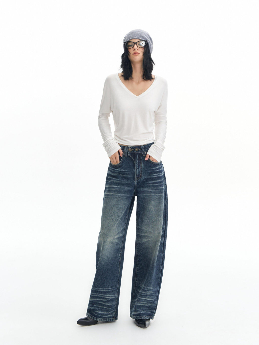 DeleteEx High Waist Mid Stretch Vintage Washed Loose Women Deep Blue Wide Leg Jeans