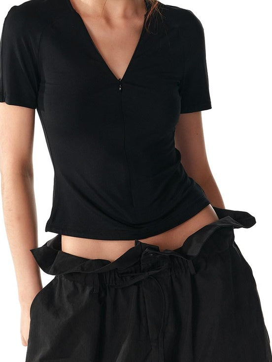 ALINNVSTUDIO Moisture Modal Stretch Asymmetric V-neck Slim Cross Basic Crop Tops