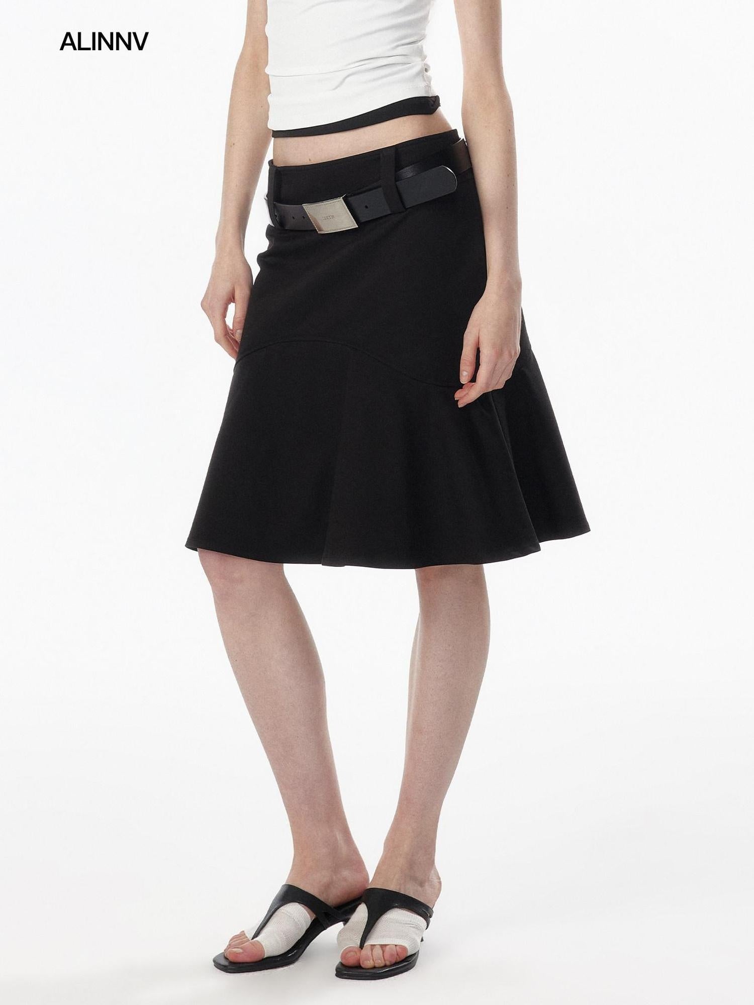 ALINNVSTUDIO Lined Wide Waistband Fishtail Mermaid Back Zipper Women Black Denim Midi Skirts