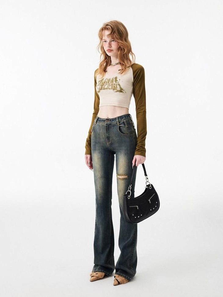 1JINN STUDIO Thick Micro Stretch Vintage Washed Slim Natural Waist Women Denim Flared Jeans