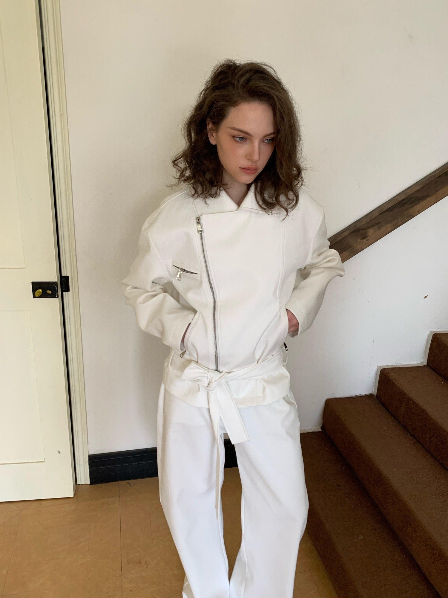 BUZHOU 100% Cotton Lapel Edgy Biker Short Women White Jacket Cropped Jackets