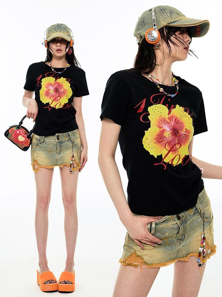 1JINN STUDIO 100% Cotton Floral Print Slim Fit Casual Crew Neck Women Short Sleeve T-Shirts