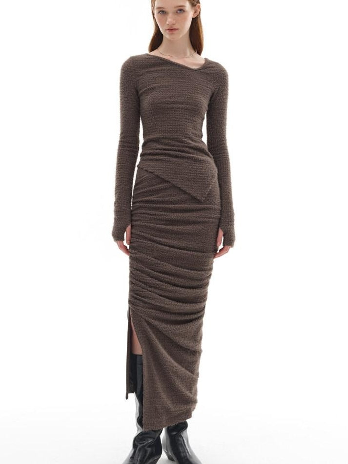 someonesometimes Slim Knit Minimal Casual Crewneck Long Sleeve Women Gray Top & Skirt Sets