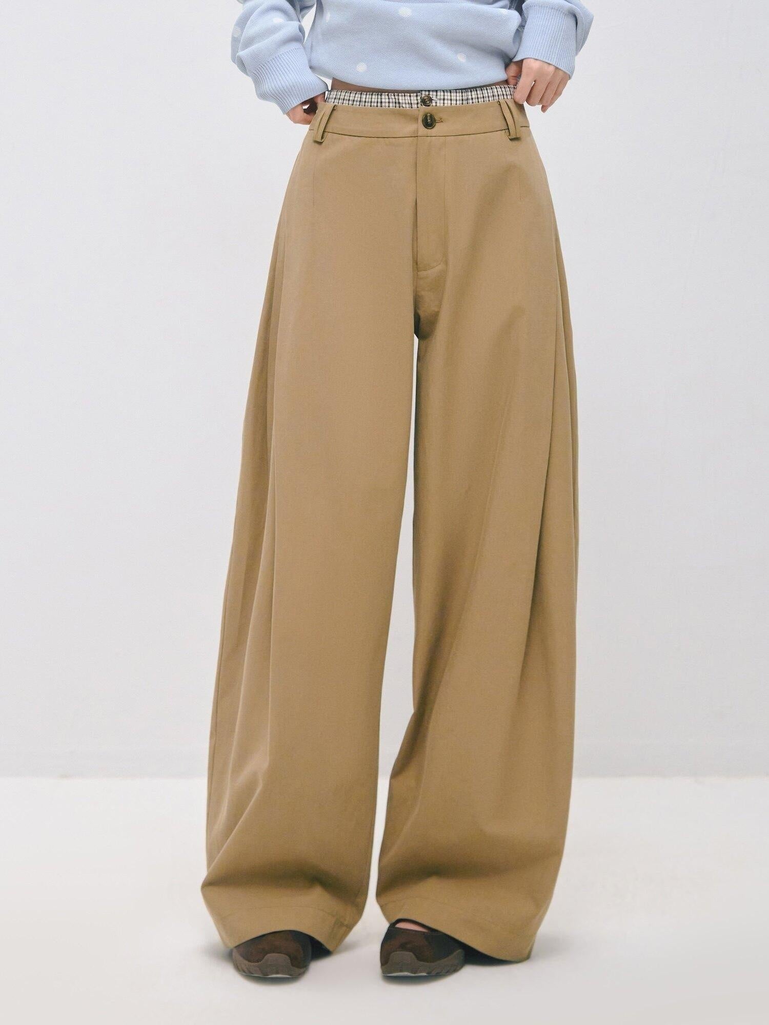 SOMESOWE Drawstring Pocket Relaxed Natural Waist Women Solid Khaki Grey Wide Leg Pants