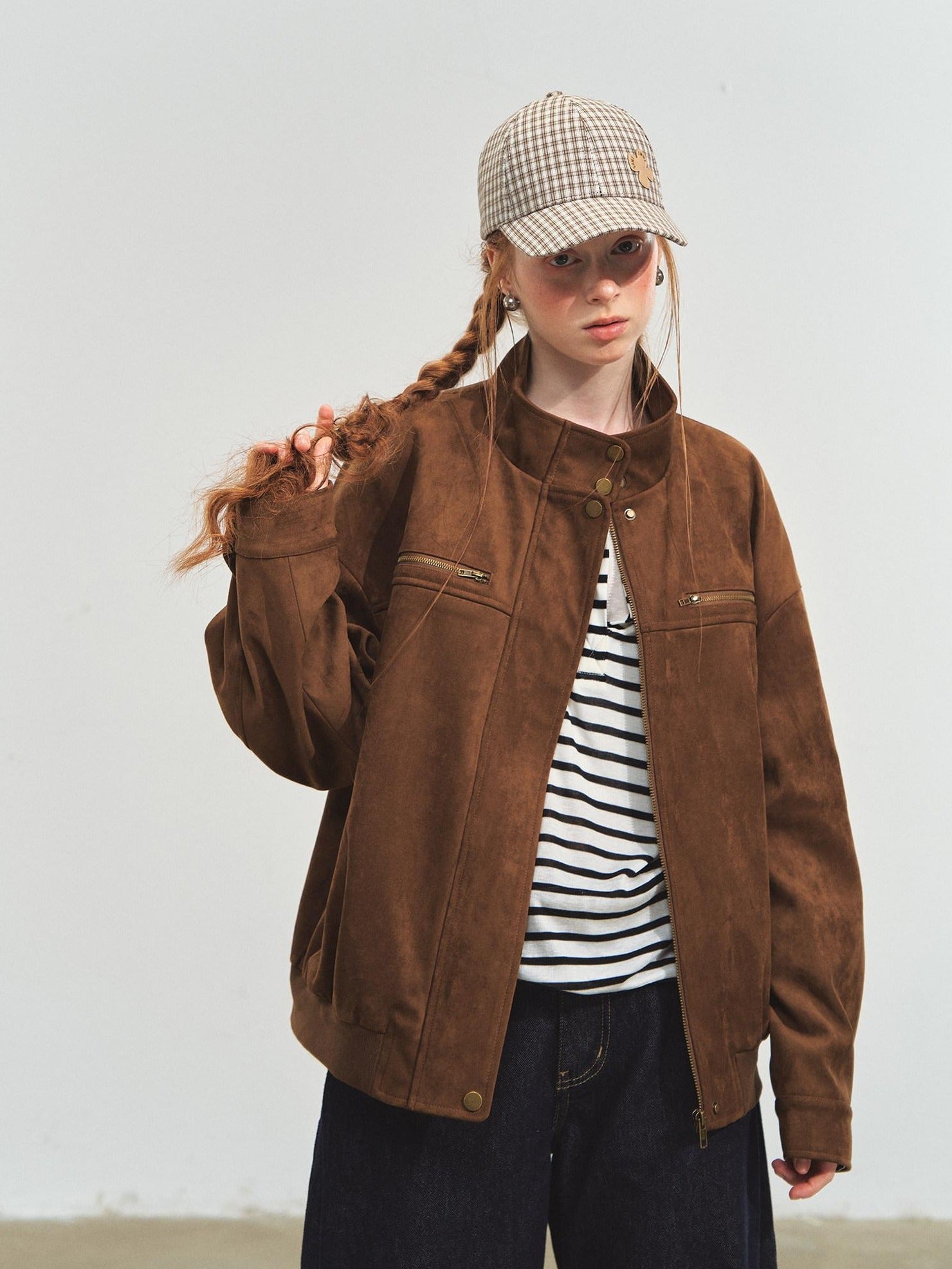SOMESOWE Pocketed Loose Fit Streetwear Stand Collar Zipper Youth Brown Leather Jackets