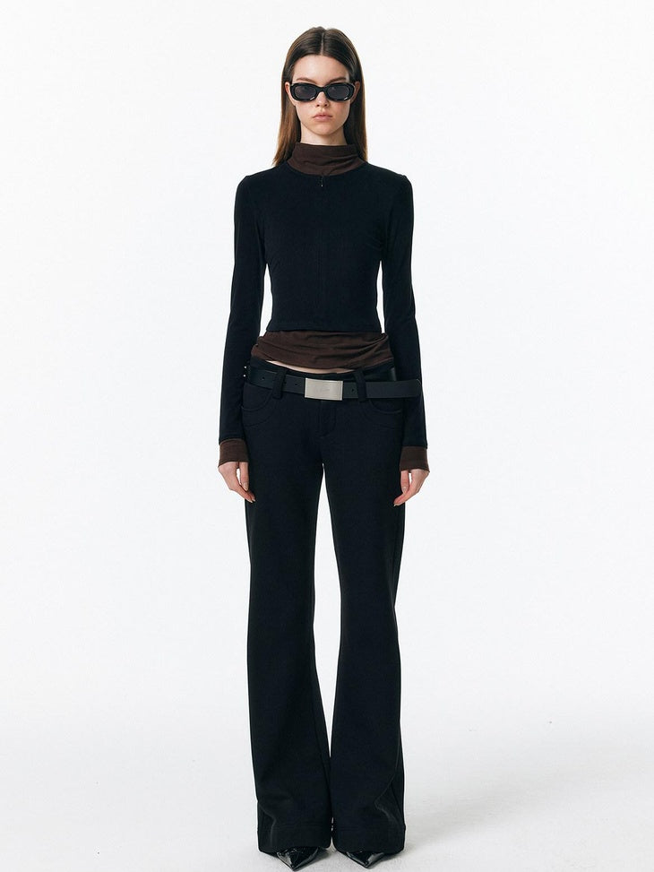 ALINNVSTUDIO Warm Low Rise Casual Zip Fly Slight Stretch Black Women Flared Pants
