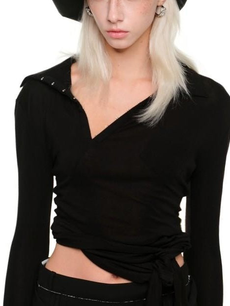 1JINN STUDIO Lightweight Lyocell Wool Asymmetrical Slim Polo Solid Long Sleeve T-Shirts