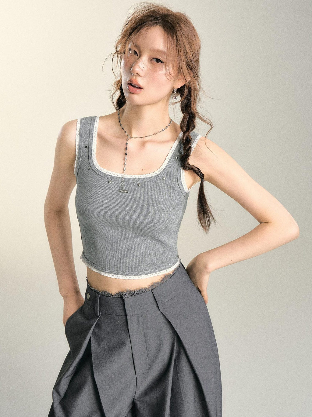 SOMESOWE Casual Lace Trim Patchwork Pocket Relaxed Natural Waist Women Wide Leg Pants
