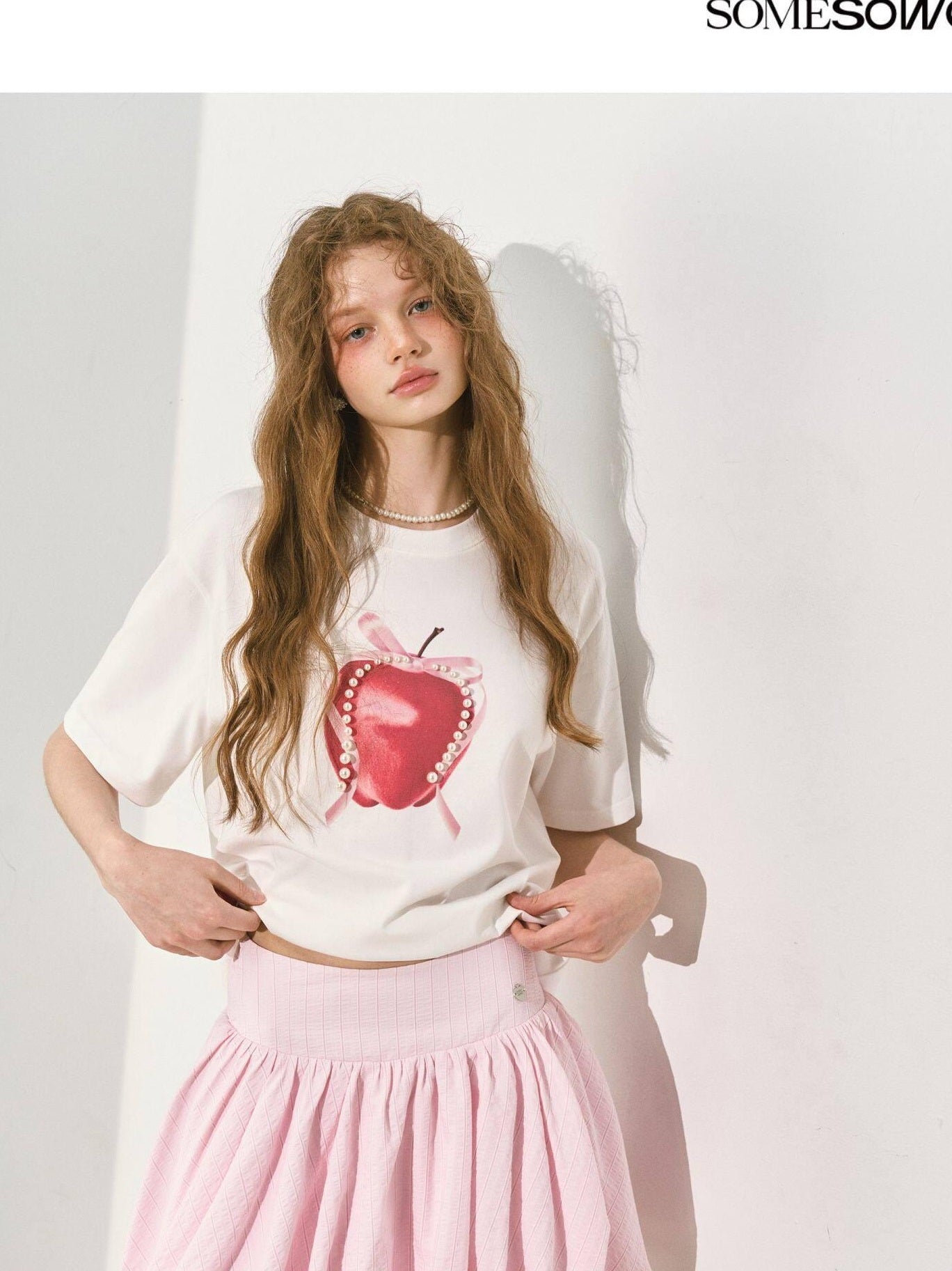 SOMESOWE Pleated A Line Mid Waist Loose Fit Casual Floral Pink Polyester Mini Skirts