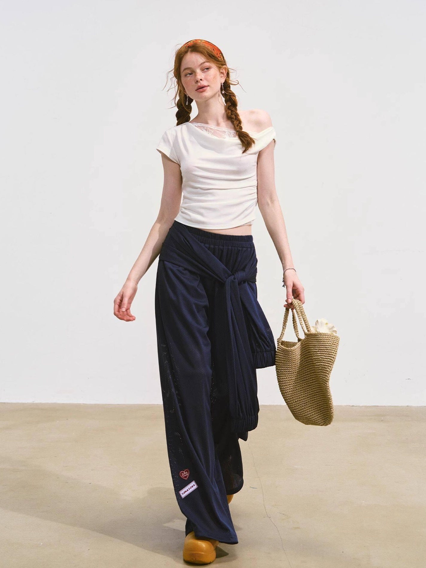 SOMESOWE Asymmetrical Pocket Versatile Straight Elastic Natural Waist Wide Leg Pants