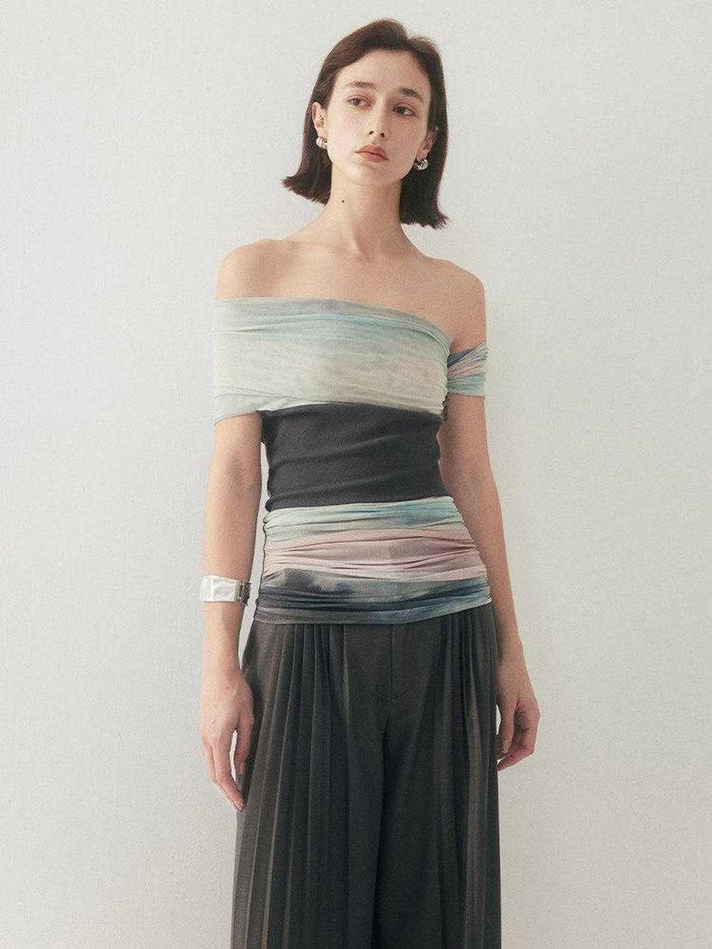 someonesometimes Tie Dye Slim Fit Minimal Commuter Viscose Blend Sleeveless Off Shoulder Crop Tops