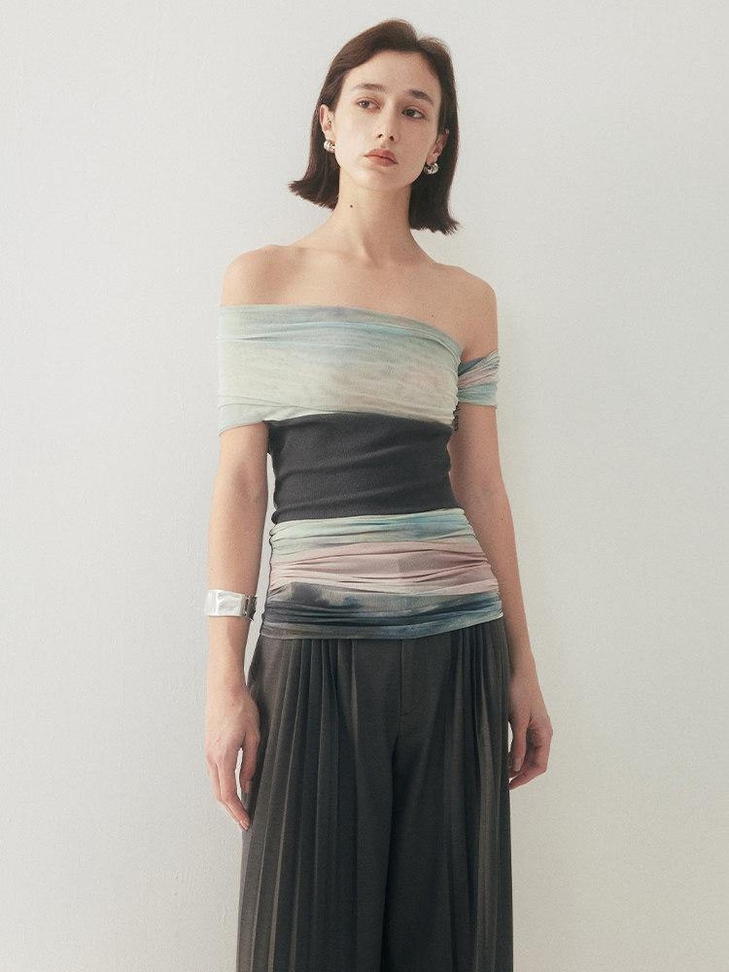 someonesometimes Tie Dye Slim Fit Minimal Commuter Viscose Blend Sleeveless Off Shoulder Crop Tops