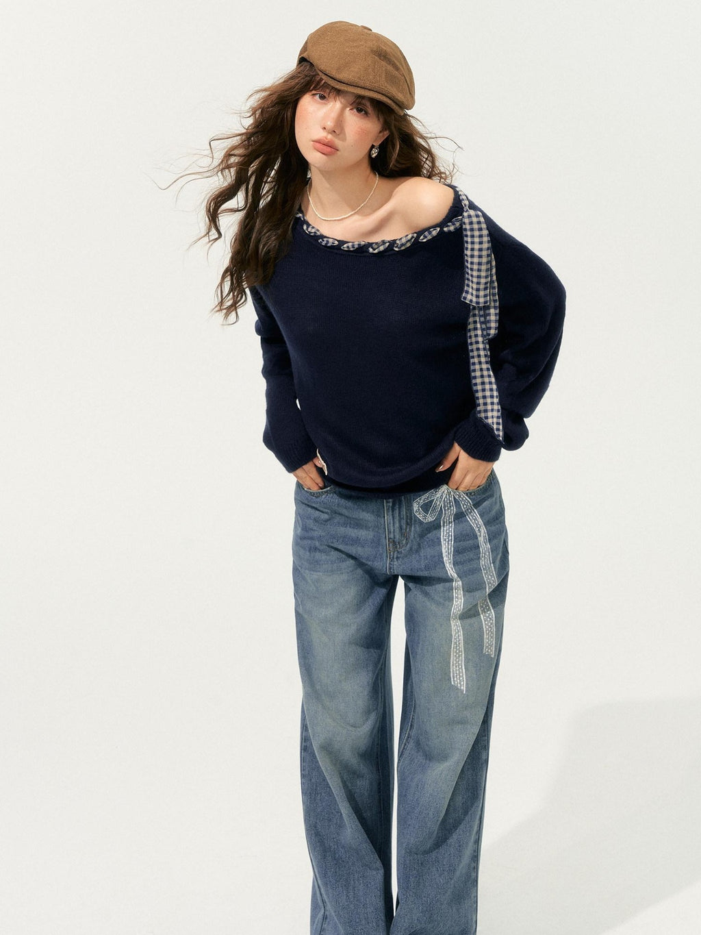 SOMESOWE Slight Stretch Cotton Natural Waist Hot Girl Straight Blue Button Wide Leg Jeans